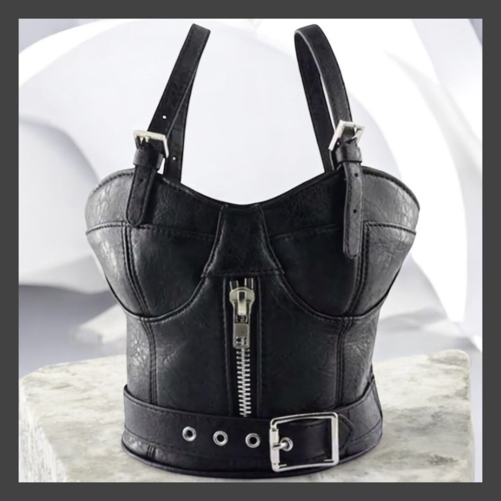 GORGEOUS Black Corset Bustier Handbag-Silver Zipper & Buckle-Top Zipper Closure